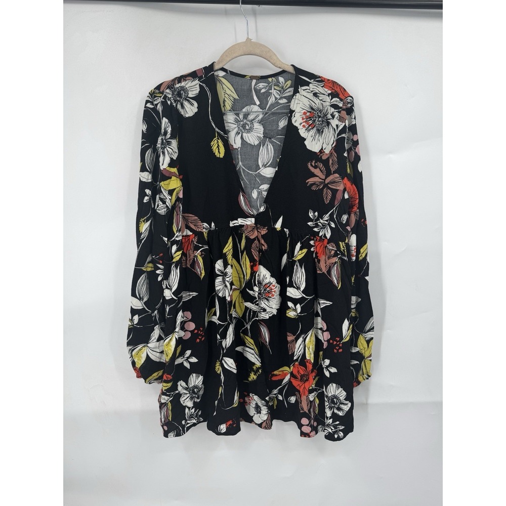 Free People Bella Floral Bell Sleeve Tunic Mini Dress Women M Black Bohemian